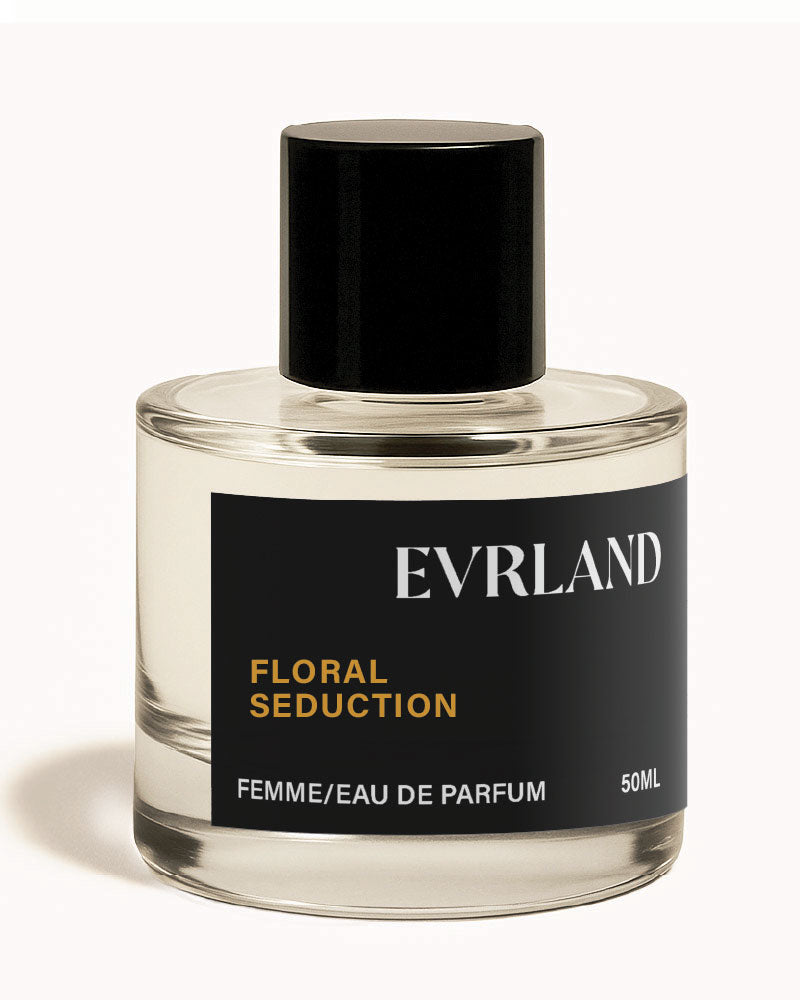 Perfume bottle labeled 'Evrland Floral Seduction' on a white background