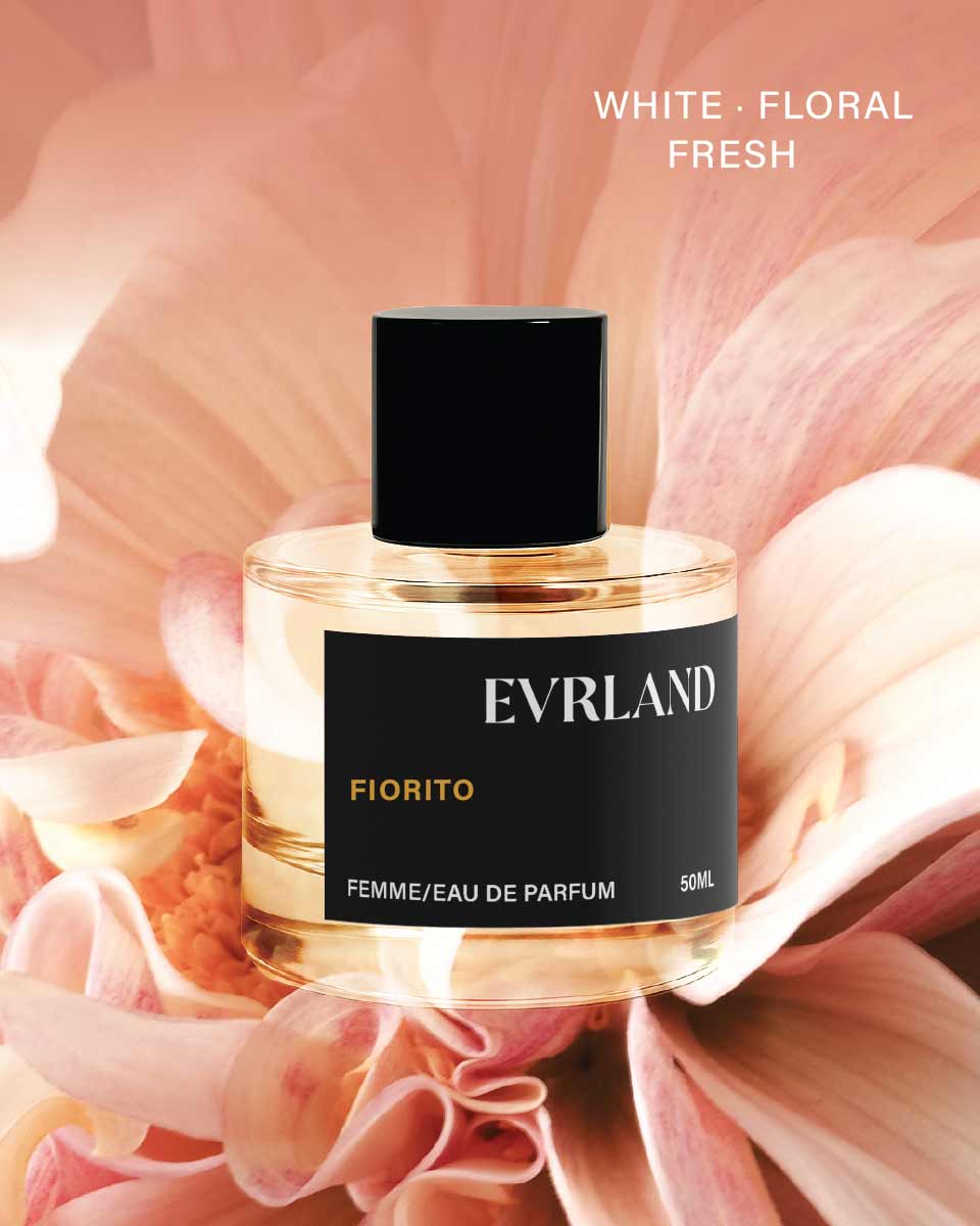 Perfume bottle labeled 'Everland' with floral background
