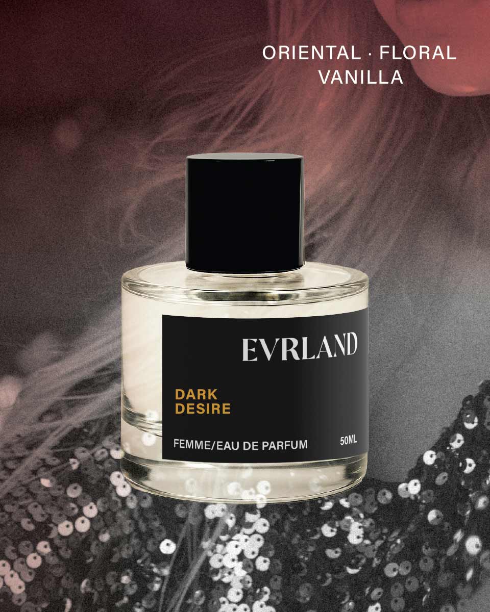 Perfume bottle labeled 'Everland Dark Desire' with a dark and glamorous background.