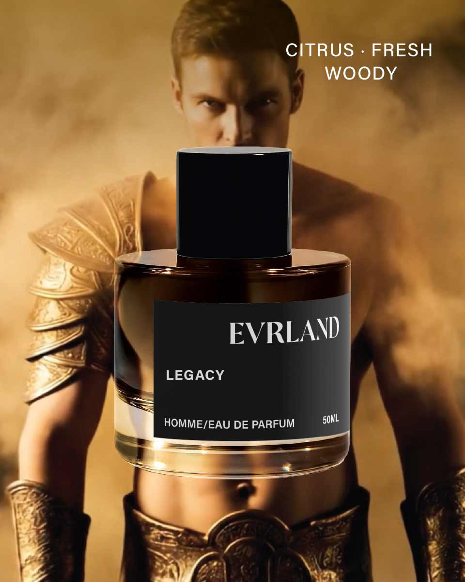 Evrland Legacy perfume bottle with a person in armor in the background