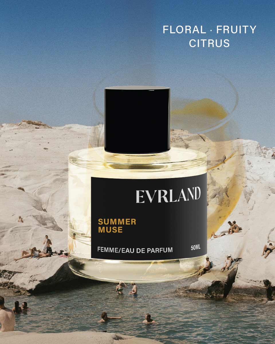 Evrland Summer Muse perfume bottle with a scenic background of people by a pool.